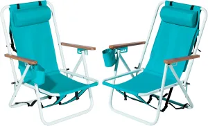 Outvita Folding Beach Chair Adjustable Headrest w/4 Flexible Tilt Angle, Cup Holder Portable High Strength Cleanable Fabric, for Sand Camping Lawn Concert Travel Festival