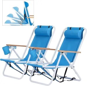 Outvita Folding Beach Chair Adjustable Headrest w/4 Flexible Tilt Angle, Cup Holder Portable High Strength Cleanable Fabric, for Sand Camping Lawn Concert Travel Festival