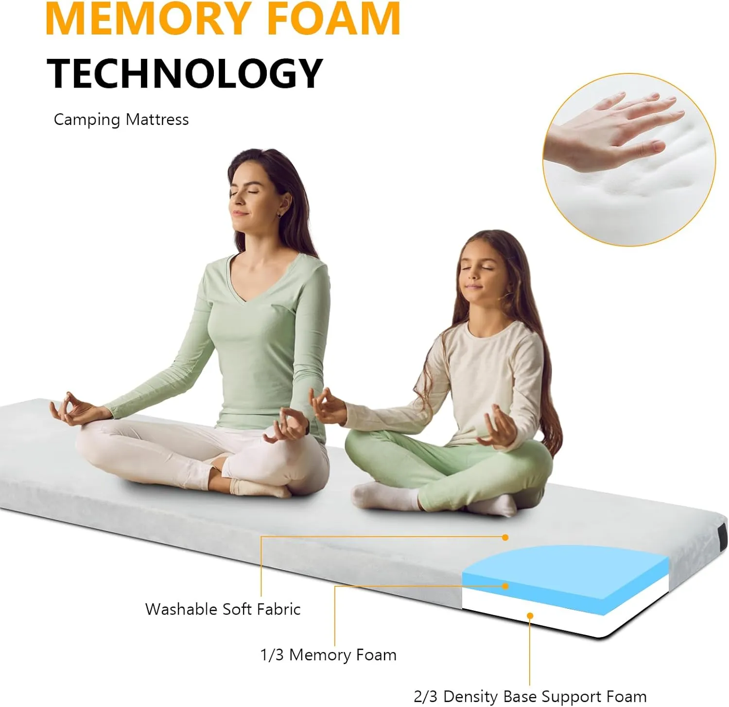 Outvita Sleeping Pad, Portable Camping Mat, CertiPUR-US Memory Foam Camping Mattress, Roll Up Floor Bed for Tent, Cot, Truck, Car, Outdoor Travel w/Portable Bag (3" with Pillow / 2.5" Without Pillow)