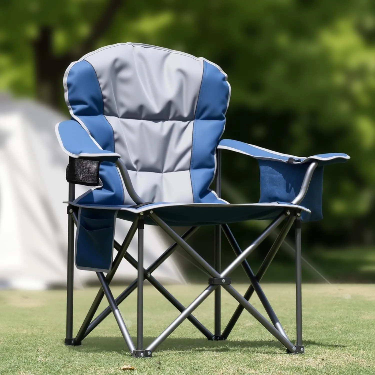Oversized Camping Folding Chair, 500 lbs Support with Padded Cushion Cooler Pockets, Portable for Outdoor, Heavy Duty Collapsible Chairs for Sports Garden Beach Fishing (Blue Grey)