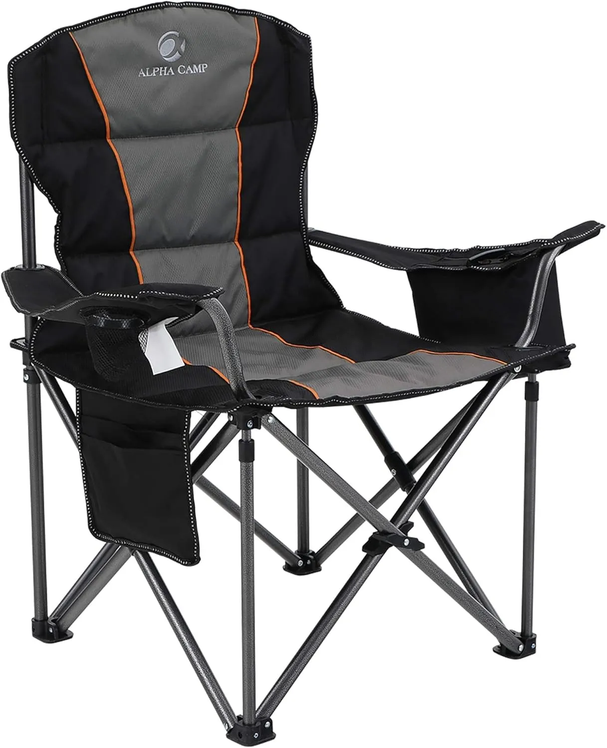 Oversized Camping Folding Chair Heavy Duty Support 450 LBS Steel Frame Collapsible Padded Arm Chair with Cup Holder Black
