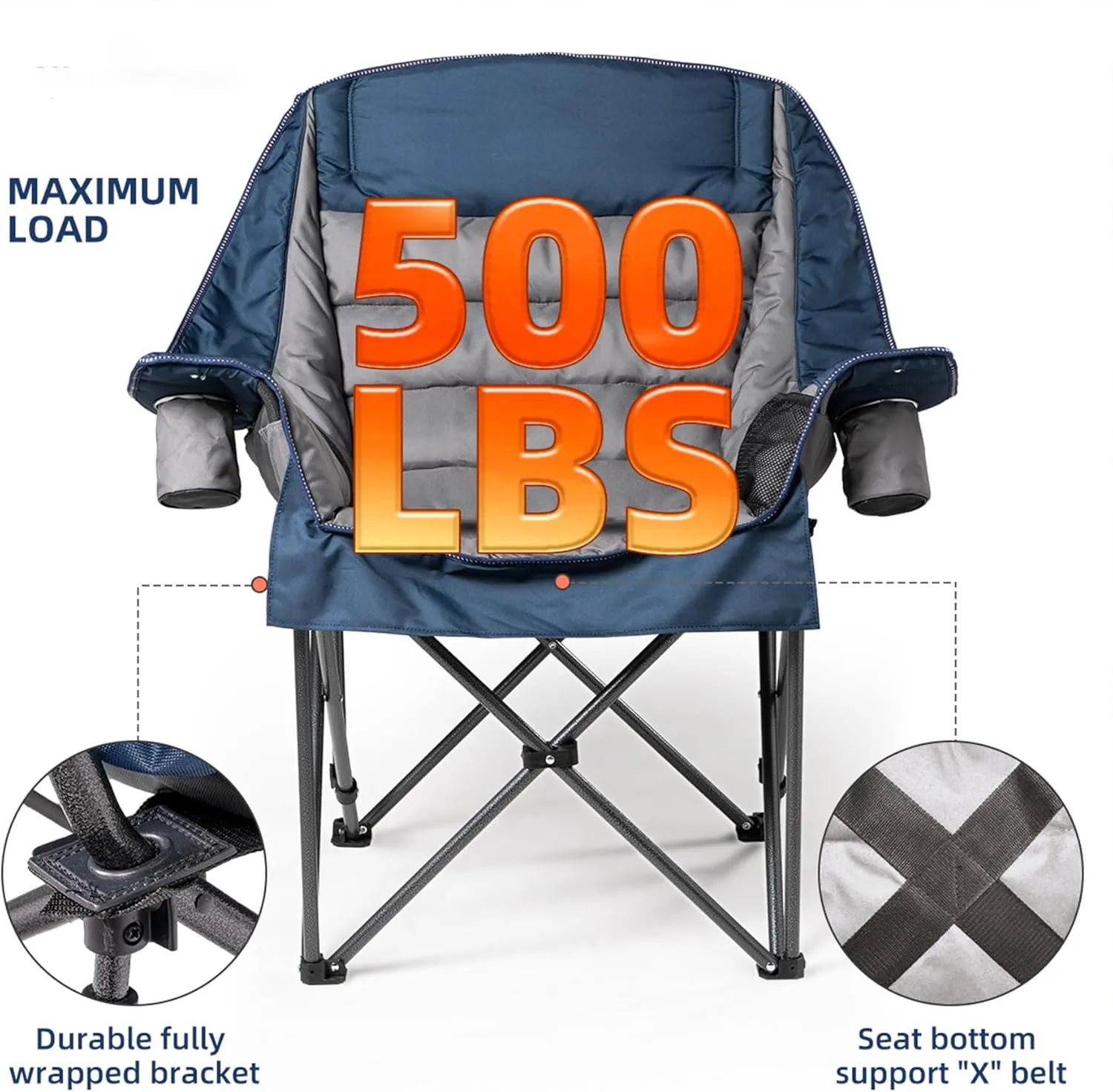 Oversized Padded Camping Chair Set of 2 Heavy Duty 500lbs Capacity - Extra Large Folding Outdoor Chair with Side Pocket, High-Loft Cushion for Backyard, Fishing (Blue & Gray)
