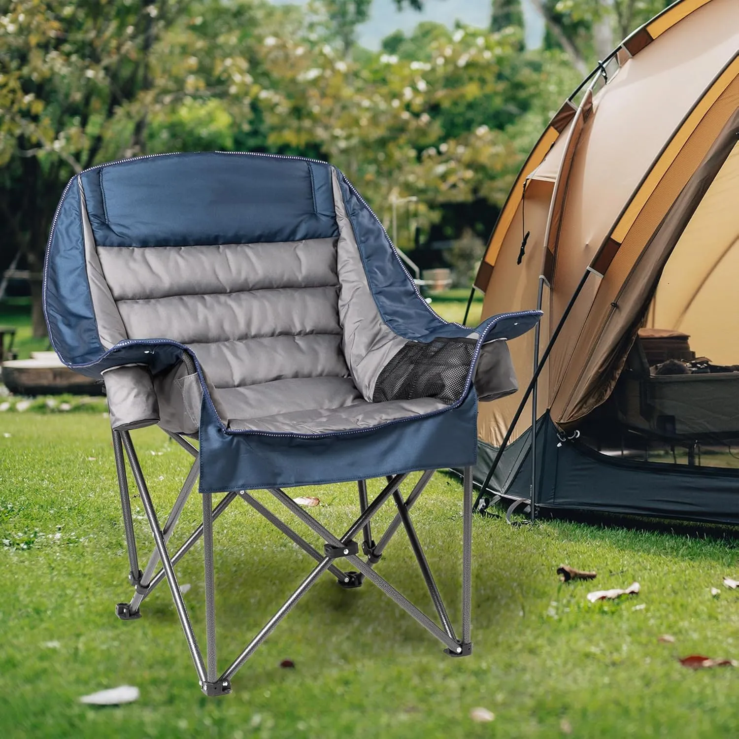 Oversized Padded Camping Chair Set of 2 Heavy Duty 500lbs Capacity - Extra Large Folding Outdoor Chair with Side Pocket, High-Loft Cushion for Backyard, Fishing (Blue & Gray)