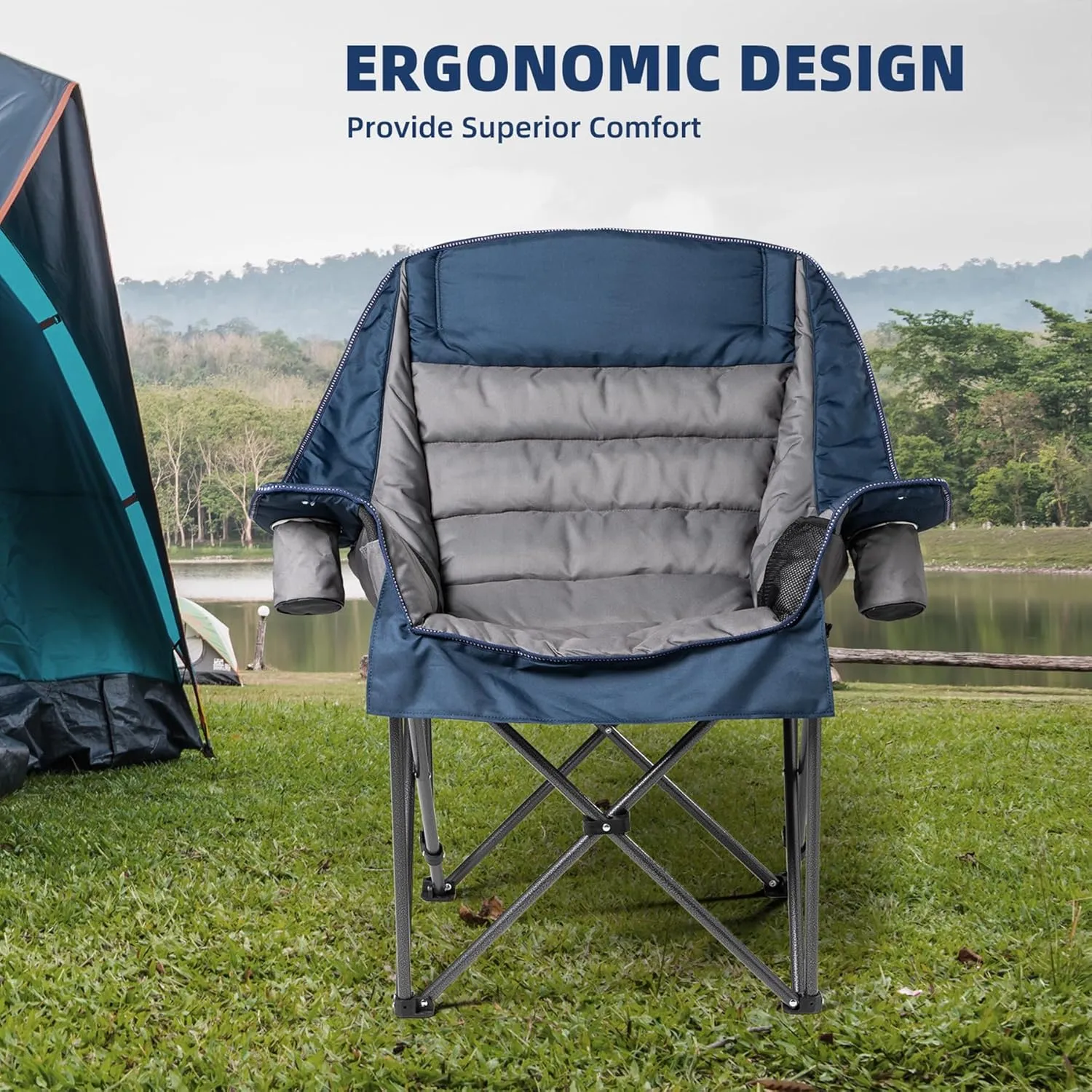Oversized Padded Camping Chair Set of 2 Heavy Duty 500lbs Capacity - Extra Large Folding Outdoor Chair with Side Pocket, High-Loft Cushion for Backyard, Fishing (Blue & Gray)