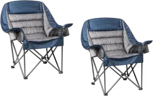 Oversized Padded Camping Chair Set of 2 Heavy Duty 500lbs Capacity - Extra Large Folding Outdoor Chair with Side Pocket, High-Loft Cushion for Backyard, Fishing (Blue & Gray)