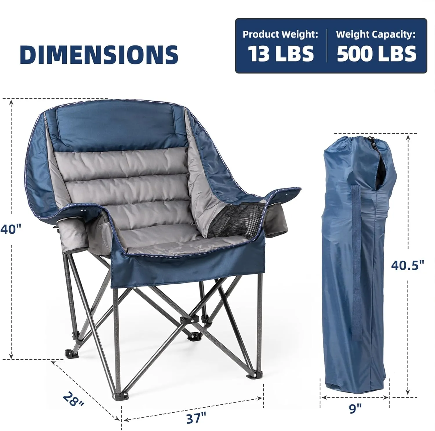 Oversized Padded Camping Chair Set of 2 Heavy Duty 500lbs Capacity - Extra Large Folding Outdoor Chair with Side Pocket, High-Loft Cushion for Backyard, Fishing (Blue & Gray)