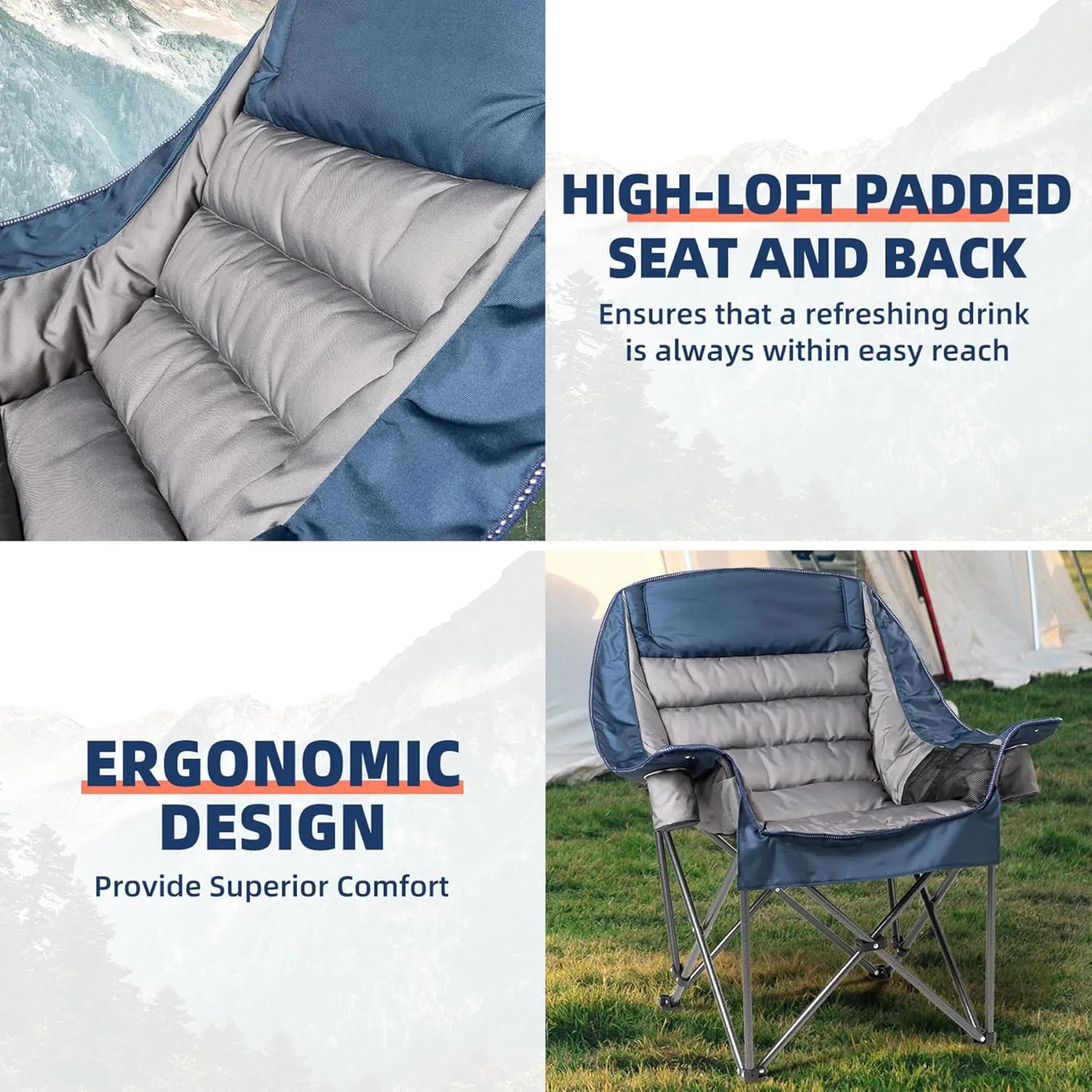 Oversized Padded Camping Chair Set of 2 Heavy Duty 500lbs Capacity - Extra Large Folding Outdoor Chair with Side Pocket, High-Loft Cushion for Backyard, Fishing (Blue & Gray)
