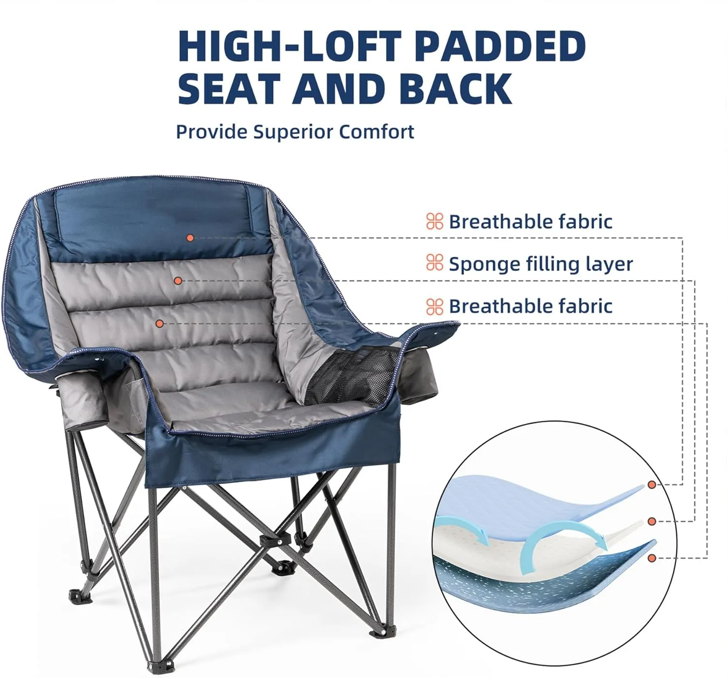 Oversized Padded Camping Chair Set of 2 Heavy Duty 500lbs Capacity - Extra Large Folding Outdoor Chair with Side Pocket, High-Loft Cushion for Backyard, Fishing (Blue & Gray)