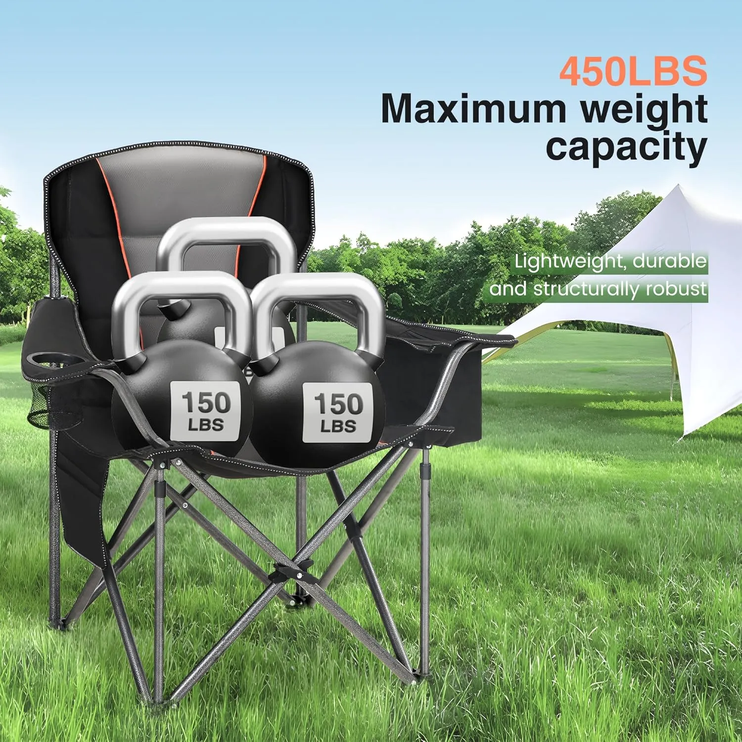 Oversized Portable Camping Folding Chair, Heavy Duty Foldable Outdoor Chair, Camp Chair with Cup Holder and Cooler Bag for Caamping, Travel, Support 450 LBS,2 Pack, Black…