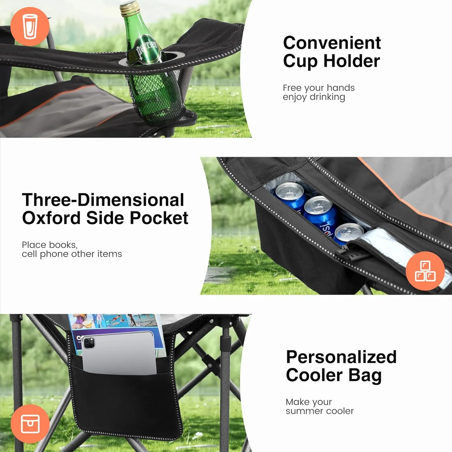 Oversized Portable Camping Folding Chair, Heavy Duty Foldable Outdoor Chair, Camp Chair with Cup Holder and Cooler Bag for Caamping, Travel, Support 450 LBS,2 Pack, Black…