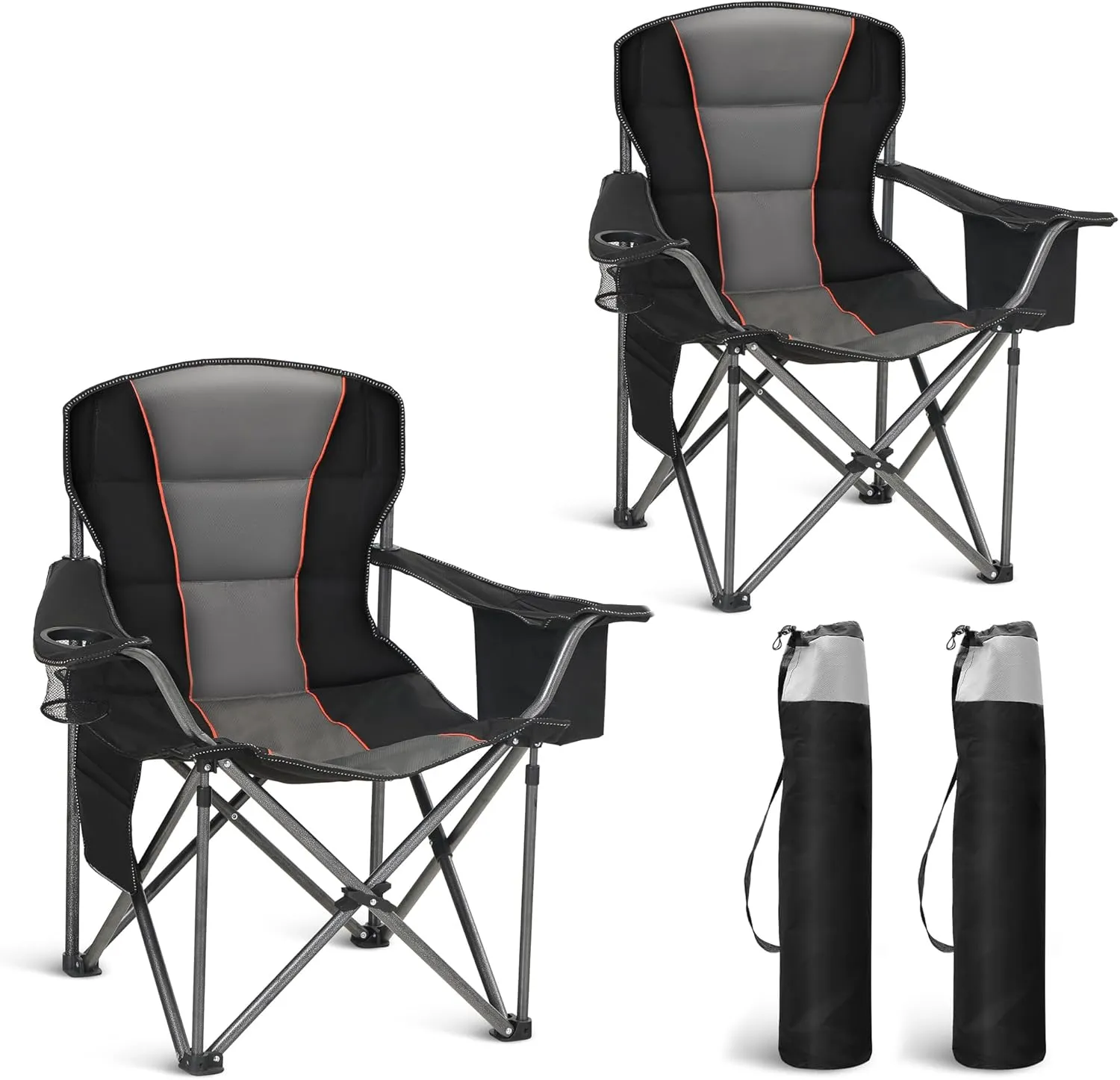 Oversized Portable Camping Folding Chair, Heavy Duty Foldable Outdoor Chair, Camp Chair with Cup Holder and Cooler Bag for Caamping, Travel, Support 450 LBS,2 Pack, Black…