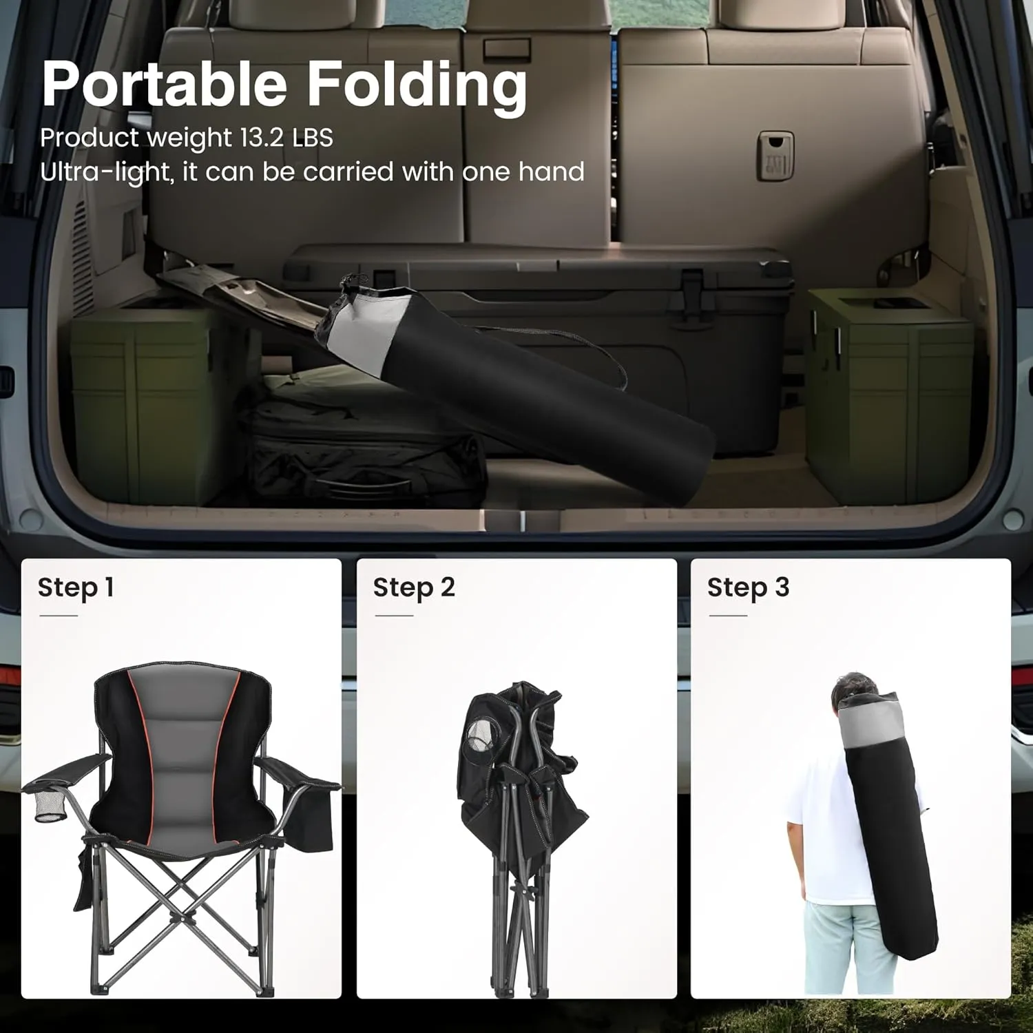 Oversized Portable Camping Folding Chair, Heavy Duty Foldable Outdoor Chair, Camp Chair with Cup Holder and Cooler Bag for Caamping, Travel, Support 450 LBS,2 Pack, Black…