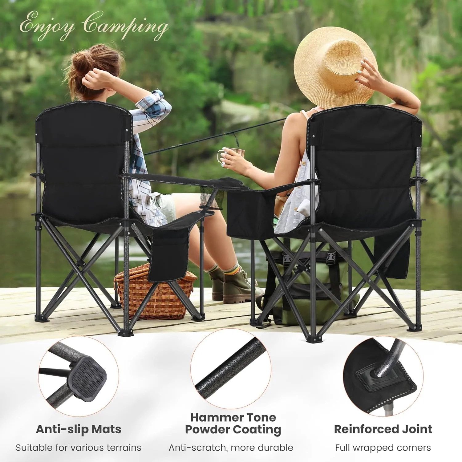 Oversized Portable Camping Folding Chair, Heavy Duty Foldable Outdoor Chair, Camp Chair with Cup Holder and Cooler Bag for Caamping, Travel, Support 450 LBS,2 Pack, Black…