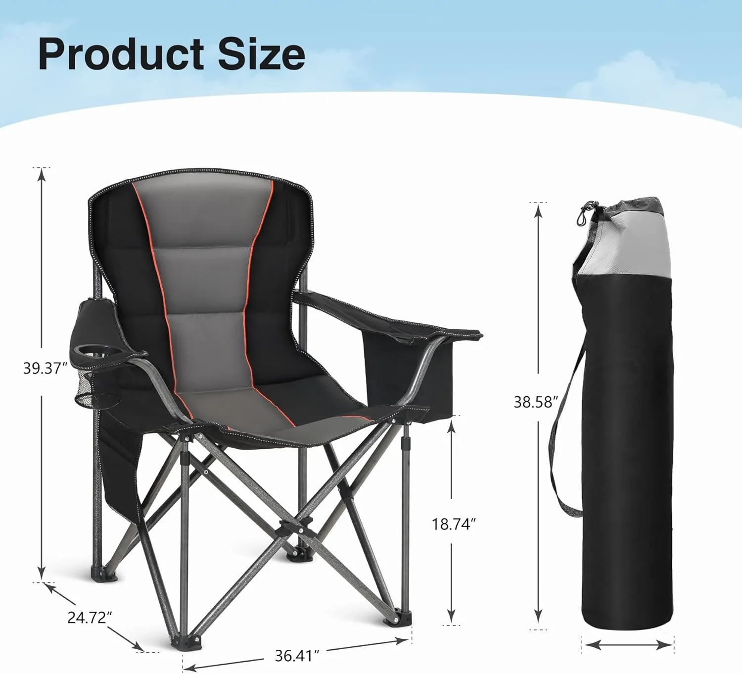 Oversized Portable Camping Folding Chair, Heavy Duty Foldable Outdoor Chair, Camp Chair with Cup Holder and Cooler Bag for Caamping, Travel, Support 450 LBS,2 Pack, Black…