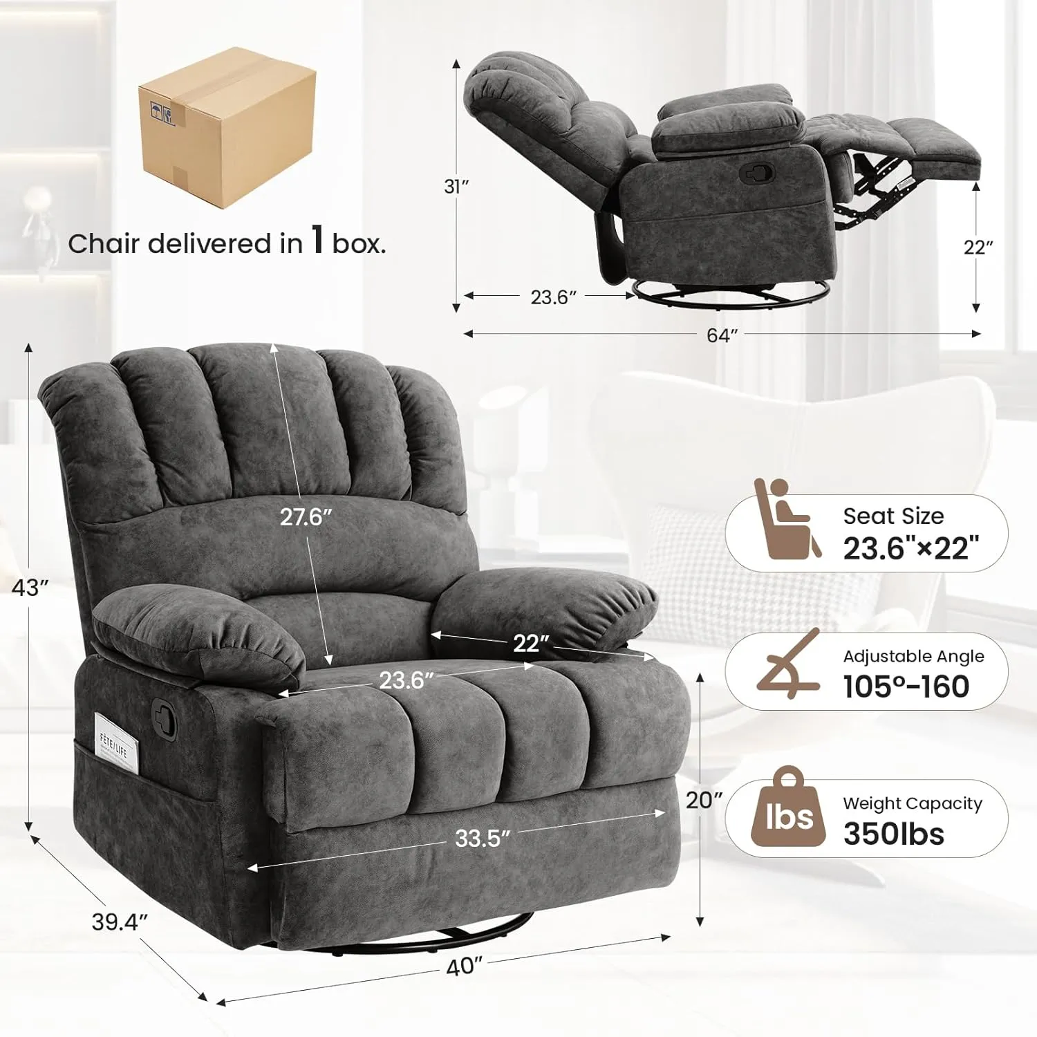Oversized Recliner Chair,360 Swivel Rocker Recliner for Big and Tall,Manual Glider Lazy Recliners for Adults,Living Room Chairs,High Back,Wide Seat,Large Footrest(Gray)