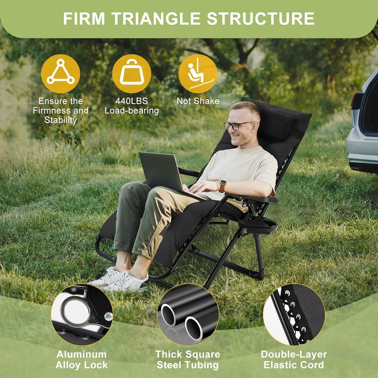 Padded Camping Chair, Foldable Patio Recliner, 26" Wide Seat Anti Gravity Lounger with Cup Holder, Support 440 LBS