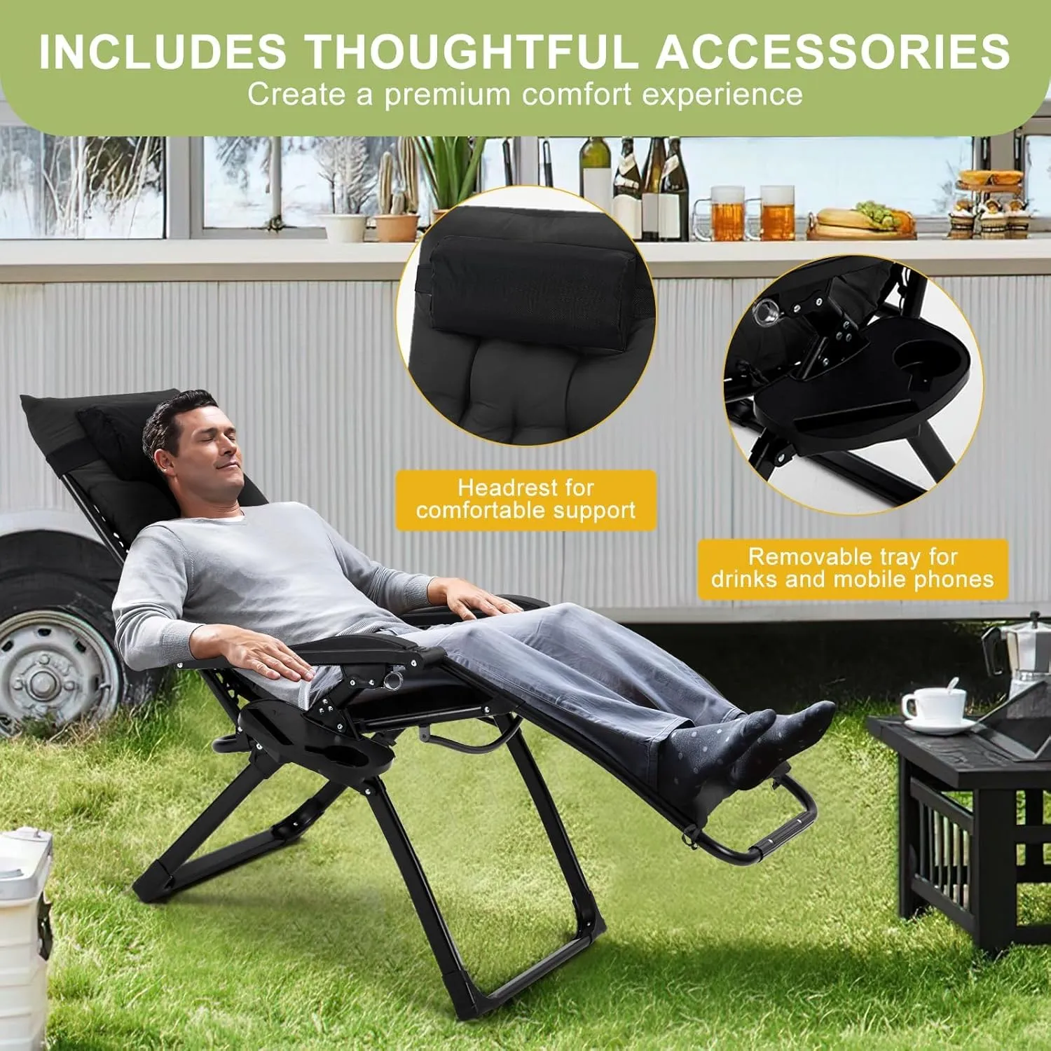 Padded Camping Chair, Foldable Patio Recliner, 26" Wide Seat Anti Gravity Lounger with Cup Holder, Support 440 LBS