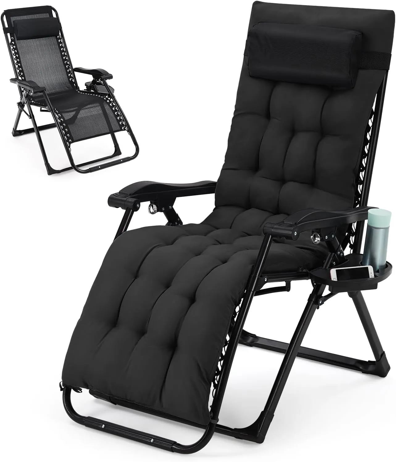 Padded Camping Chair, Foldable Patio Recliner, 26" Wide Seat Anti Gravity Lounger with Cup Holder, Support 440 LBS
