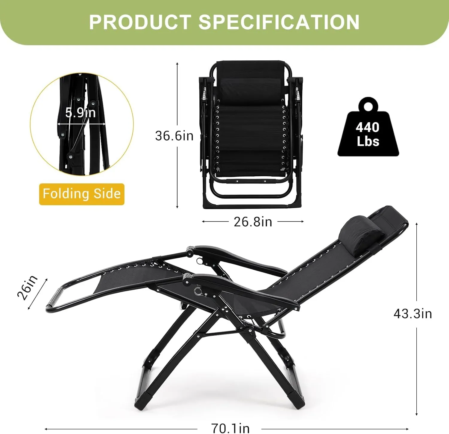 Padded Camping Chair, Foldable Patio Recliner, 26" Wide Seat Anti Gravity Lounger with Cup Holder, Support 440 LBS