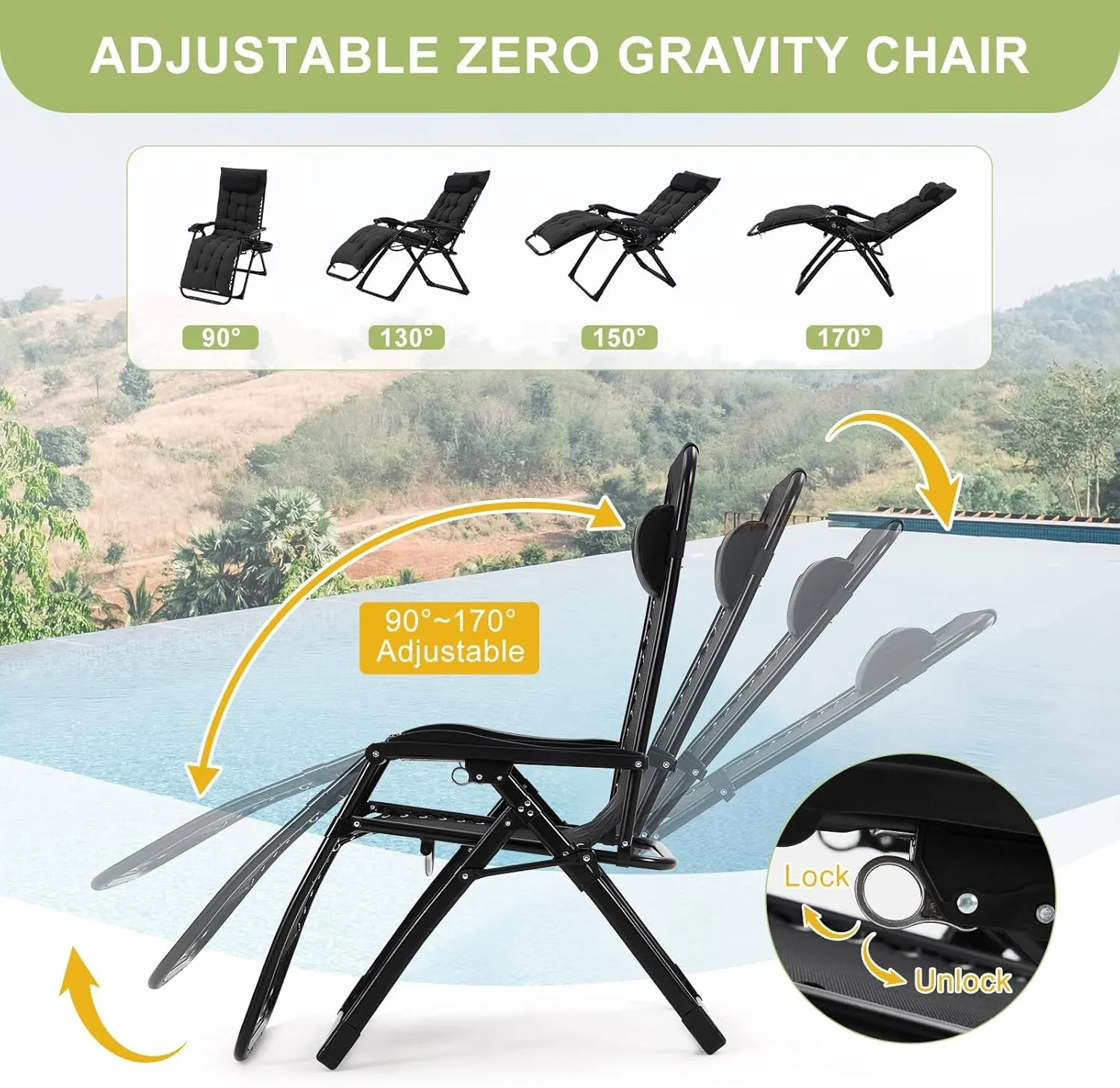 Padded Camping Chair, Foldable Patio Recliner, 26" Wide Seat Anti Gravity Lounger with Cup Holder, Support 440 LBS