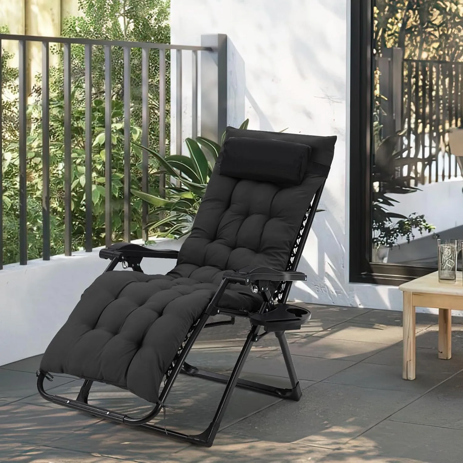 Padded Camping Chair, Foldable Patio Recliner, 26" Wide Seat Anti Gravity Lounger with Cup Holder, Support 440 LBS