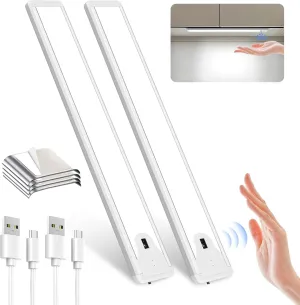 Pak 16 Inch Under Cabinet Light, Hand Wave Sensor 83 LED Indoor Cabinet Lighting, USB Rechargeable Wireless Closet Light, Stepless Dimming Under Counter Light for Kitchen, Shelves, Bedroom, 2 Pack
