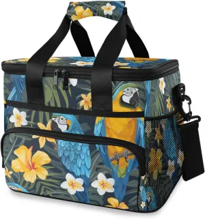 Parrots Flowers Tropical Palm Cooler Bag Insulated Cooler Soft Sided Cooler 24 Can Portable Picnic Bag Large Leakproof Lunch Bag Box for Beach Grocery Camping Travel Car Men Women
