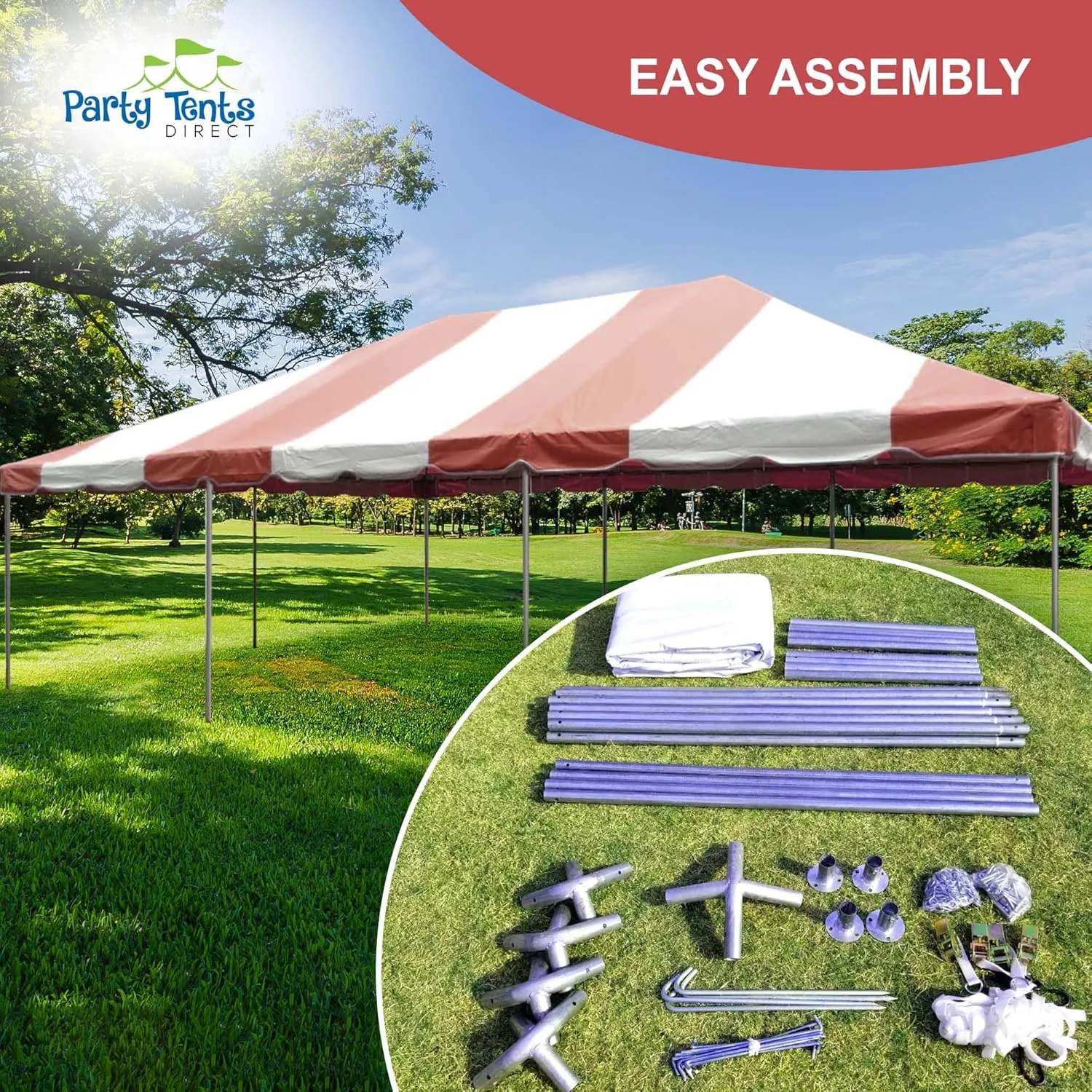 Party Tents Direct 20x30 Canopy Tent - Steel Frame - Outdoor Gazebo Pavilion Sun Shade Camping Shelter - Red Vinyl Heavy Duty Waterproof Tent Cover - Event Tents for Parties Wedding
