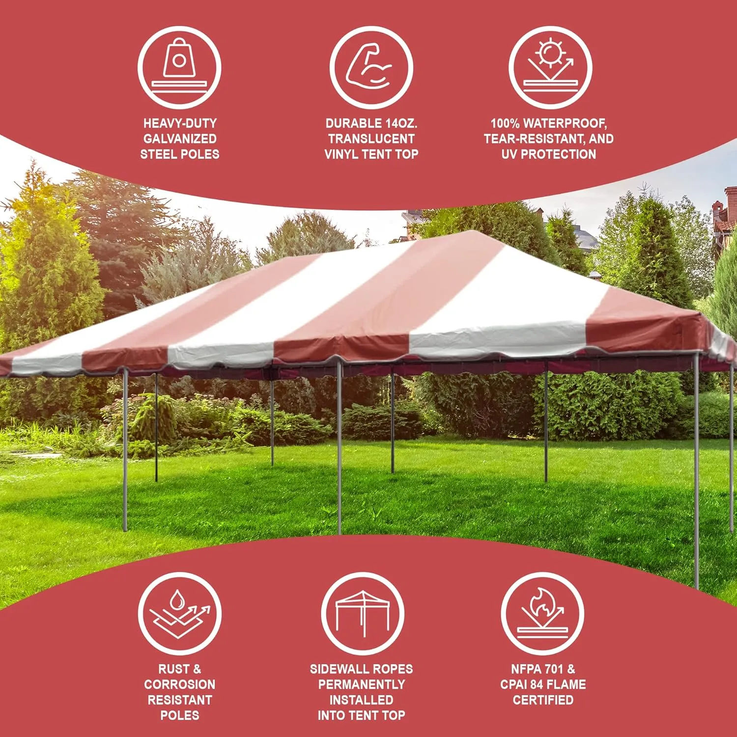 Party Tents Direct 20x30 Canopy Tent - Steel Frame - Outdoor Gazebo Pavilion Sun Shade Camping Shelter - Red Vinyl Heavy Duty Waterproof Tent Cover - Event Tents for Parties Wedding