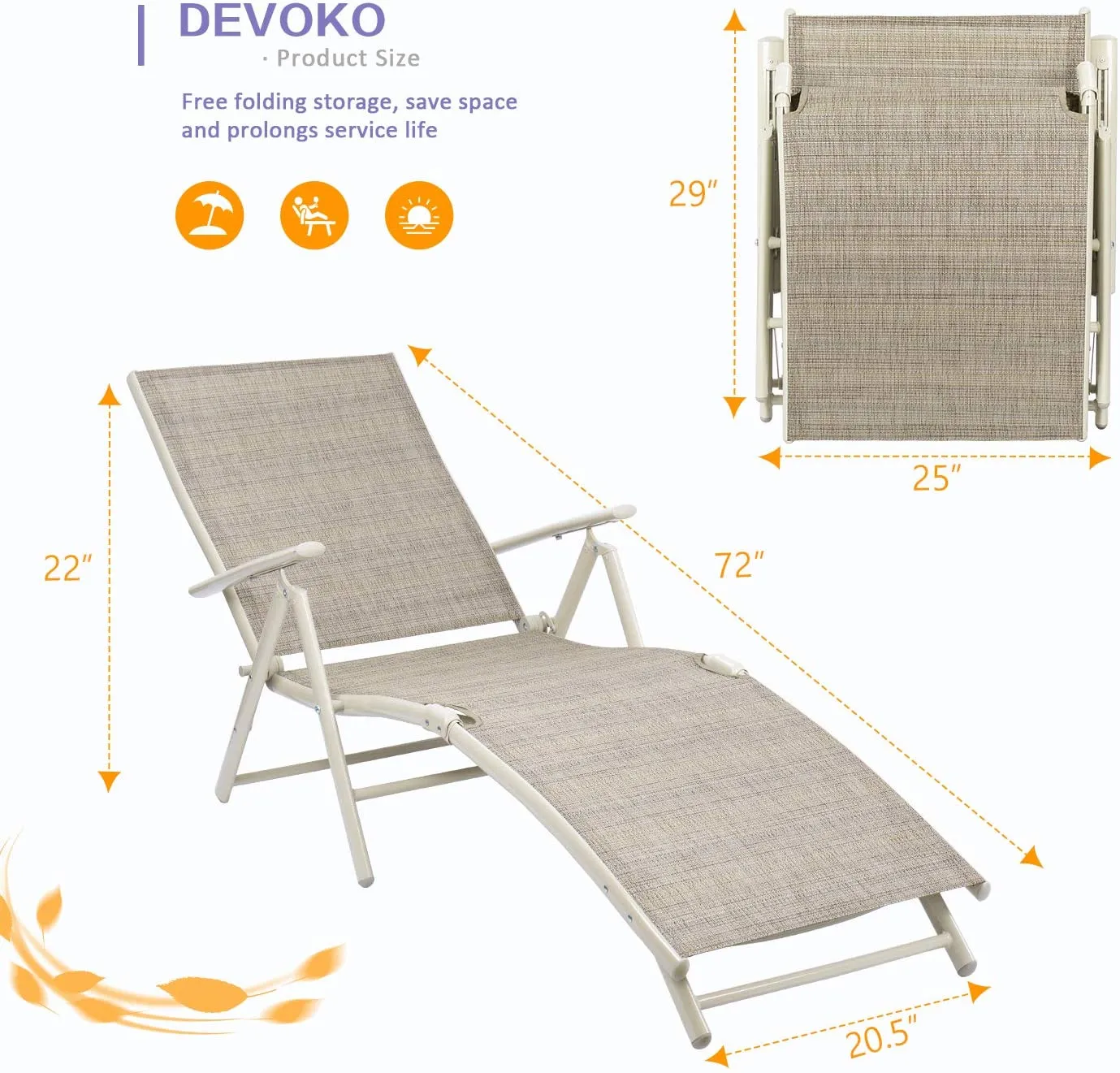 Patio Outdoor Chaise Lounge Chairs Beach Pool Side Folding Recliner Adjustable Lounge Chair Set of 2 (Beige)