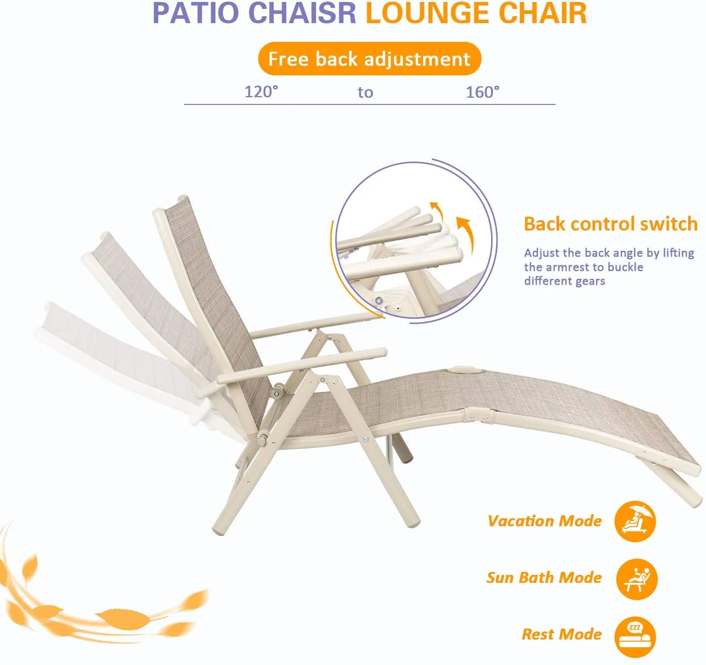 Patio Outdoor Chaise Lounge Chairs Beach Pool Side Folding Recliner Adjustable Lounge Chair Set of 2 (Beige)