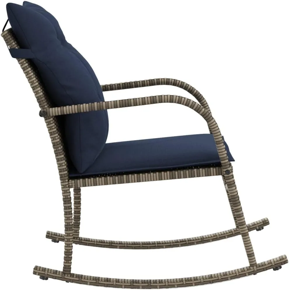 Patio Rocking Chair with Cushions Gray Poly Rattan Outdoor Lounge Chair for Porch Backyard Poolside Relaxation Comfortable PE Wicker Rocker with Removable Navy Blue Cushions