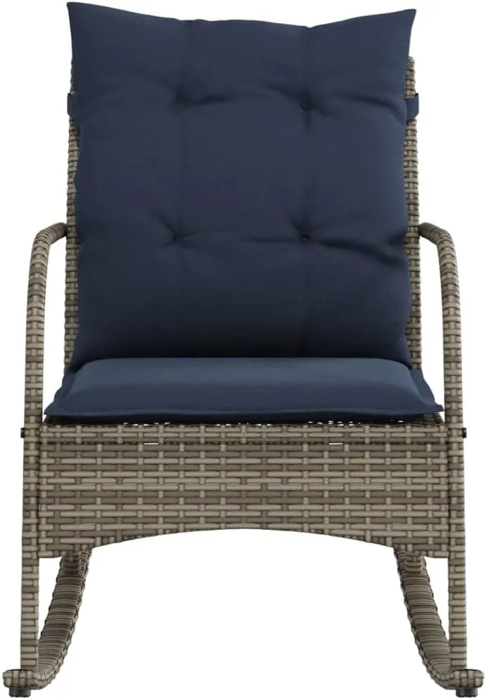 Patio Rocking Chair with Cushions Gray Poly Rattan Outdoor Lounge Chair for Porch Backyard Poolside Relaxation Comfortable PE Wicker Rocker with Removable Navy Blue Cushions