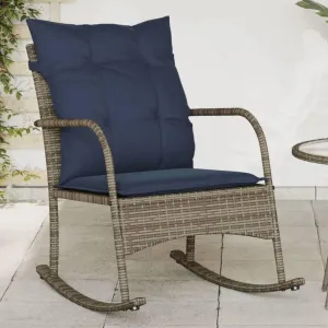 Patio Rocking Chair with Cushions Gray Poly Rattan Outdoor Lounge Chair for Porch Backyard Poolside Relaxation Comfortable PE Wicker Rocker with Removable Navy Blue Cushions
