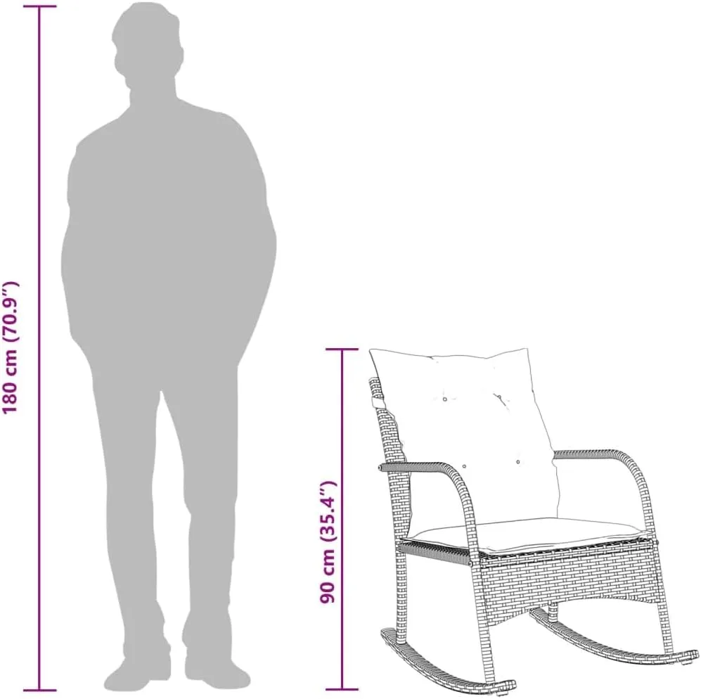 Patio Rocking Chair with Cushions Gray Poly Rattan Outdoor Lounge Chair for Porch Backyard Poolside Relaxation Comfortable PE Wicker Rocker with Removable Navy Blue Cushions