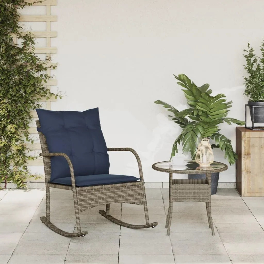 Patio Rocking Chair with Cushions Gray Poly Rattan Outdoor Lounge Chair for Porch Backyard Poolside Relaxation Comfortable PE Wicker Rocker with Removable Navy Blue Cushions