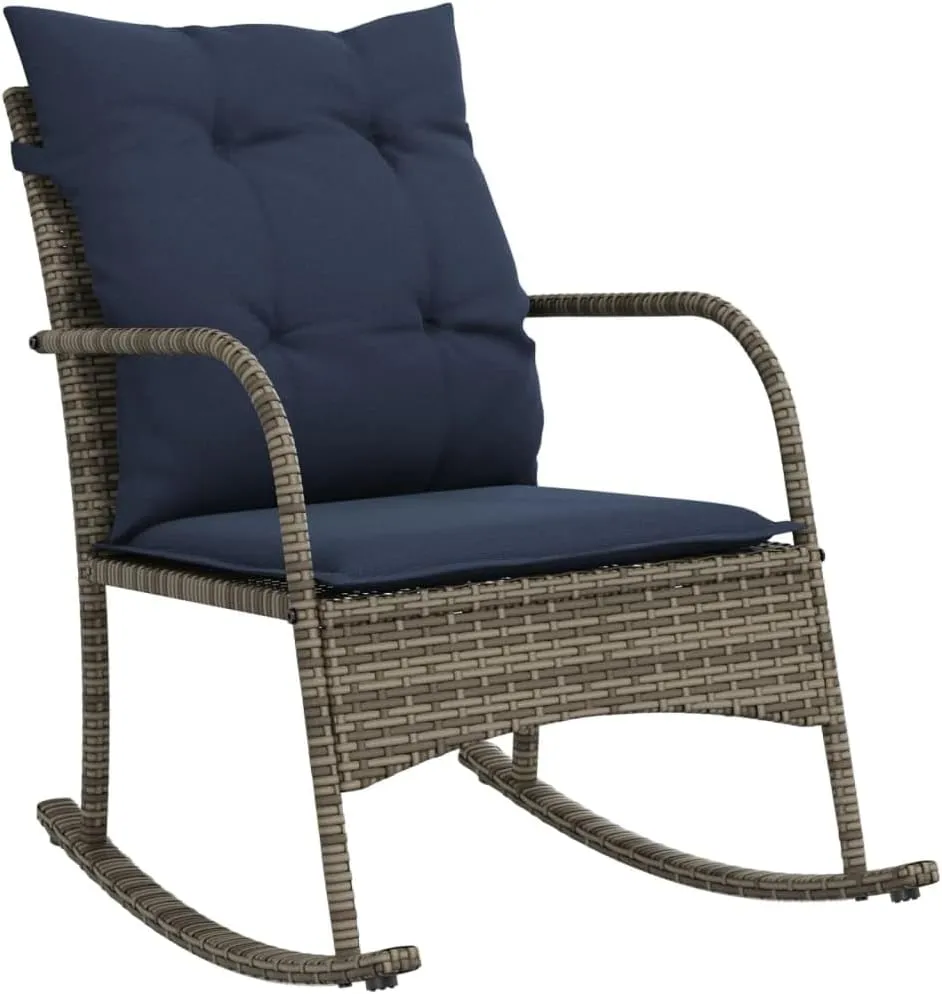 Patio Rocking Chair with Cushions Gray Poly Rattan Outdoor Lounge Chair for Porch Backyard Poolside Relaxation Comfortable PE Wicker Rocker with Removable Navy Blue Cushions