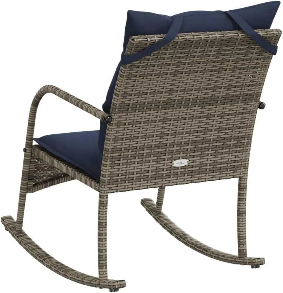 Patio Rocking Chair with Cushions Gray Poly Rattan Outdoor Lounge Chair for Porch Backyard Poolside Relaxation Comfortable PE Wicker Rocker with Removable Navy Blue Cushions
