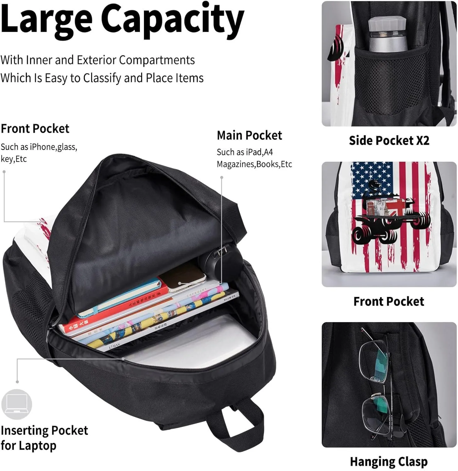 Patriotic Braap Mx Motocross Dirt Bike Atv Quad Bike USA Flag Multifunctional Pocket Backpack Crossbody Lunch Bag Pencil Case 3Pcs Set Large Capacity Backpack