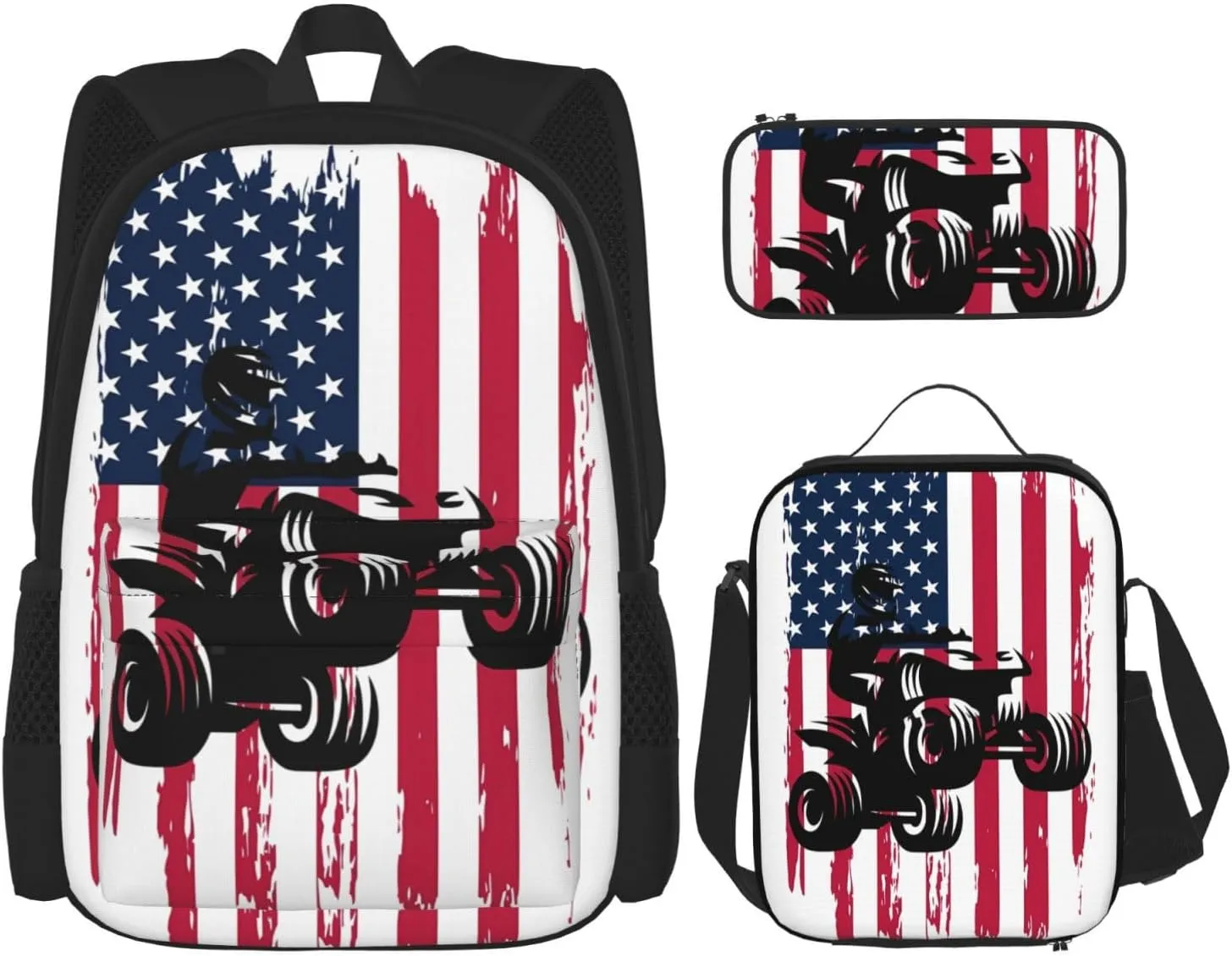 Patriotic Braap Mx Motocross Dirt Bike Atv Quad Bike USA Flag Multifunctional Pocket Backpack Crossbody Lunch Bag Pencil Case 3Pcs Set Large Capacity Backpack