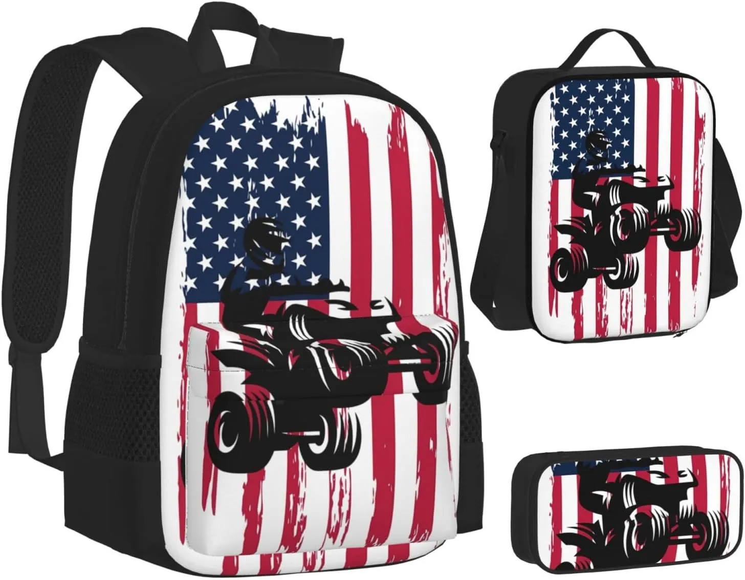 Patriotic Braap Mx Motocross Dirt Bike Atv Quad Bike USA Flag Multifunctional Pocket Backpack Crossbody Lunch Bag Pencil Case 3Pcs Set Large Capacity Backpack
