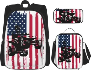 Patriotic Braap Mx Motocross Dirt Bike Atv Quad Bike USA Flag Multifunctional Pocket Backpack Crossbody Lunch Bag Pencil Case 3Pcs Set Large Capacity Backpack