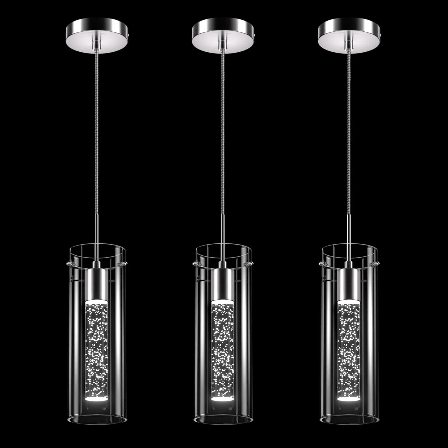 Pendant Ceiling Light Fixture, LED Kitchen Lighting Crystal Pendant Lights Kitchen Island, 1-Light Integrated Kitchen Hanging Light Fixture Modern Island Light with Bubble Glass Three Pack