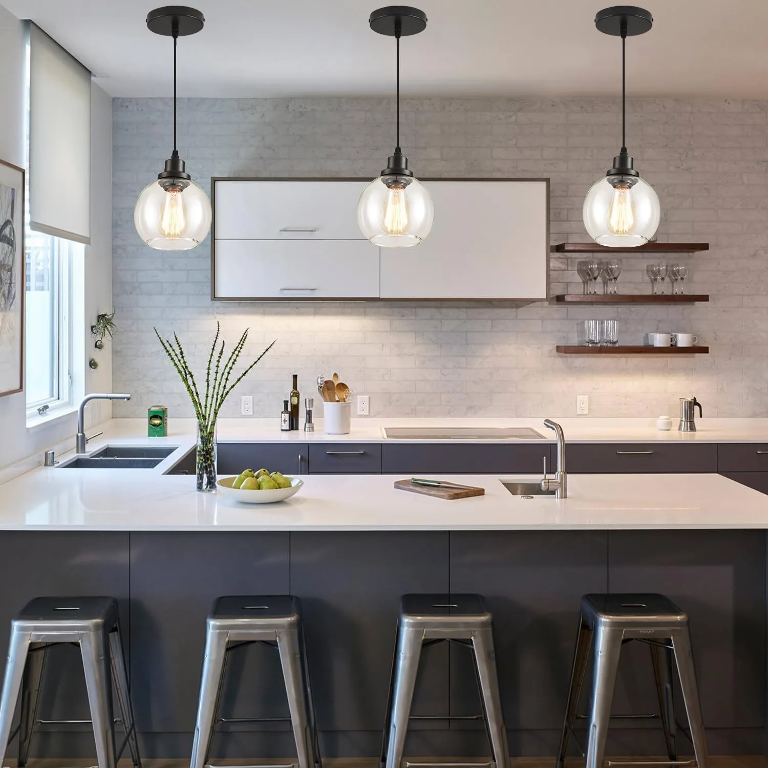 Pendant Lamp with Glass Shade, Modern Antique Brass Pendant Lights,Hanging Light Vintage Glass Shade, Island Light Pendant Light Fixture for Bedroom Living Room Kitchen