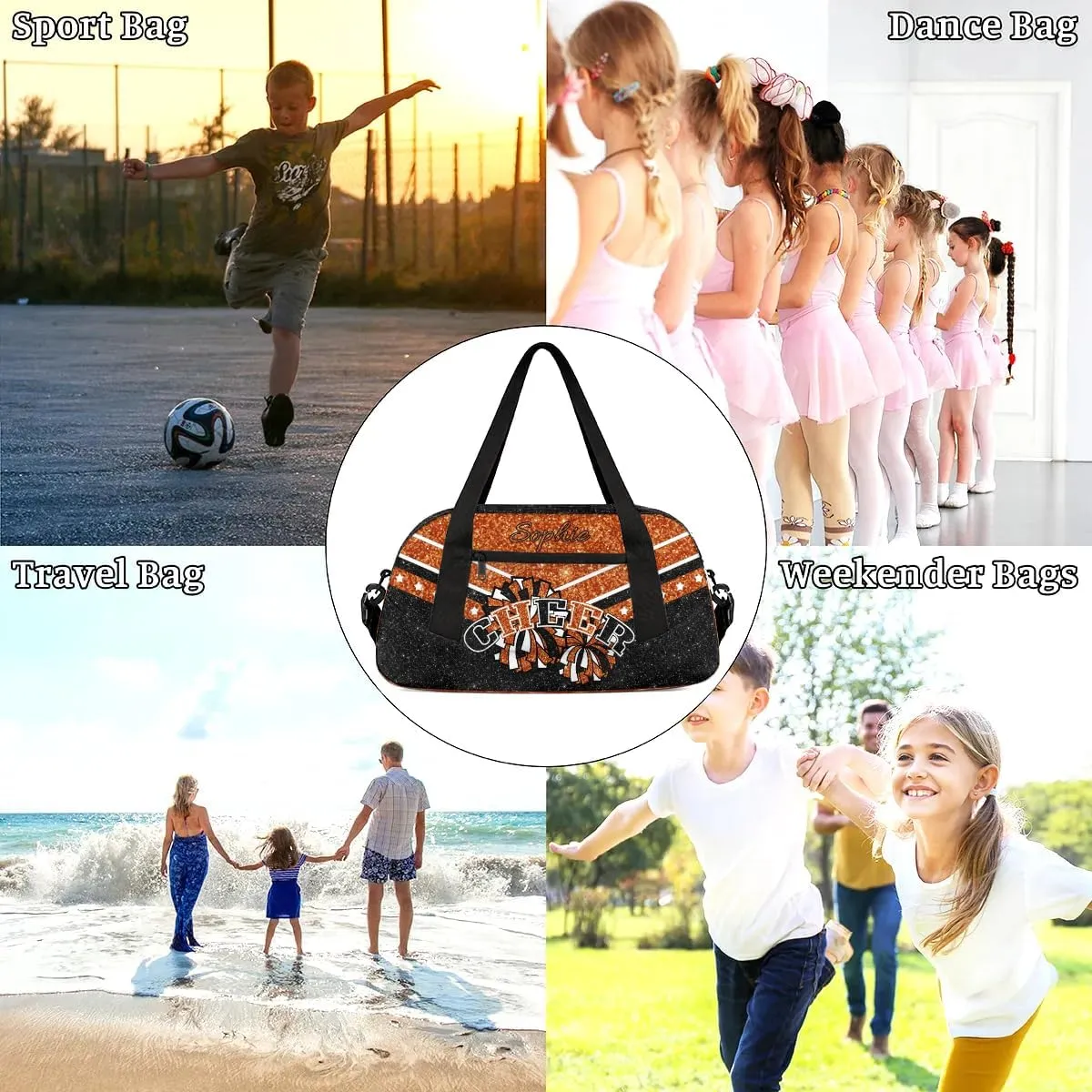 Personalized Cheer Bag for Girls, Custom Name Cheerleader Bag, SportS Gym Duffle for Women Dark Orange