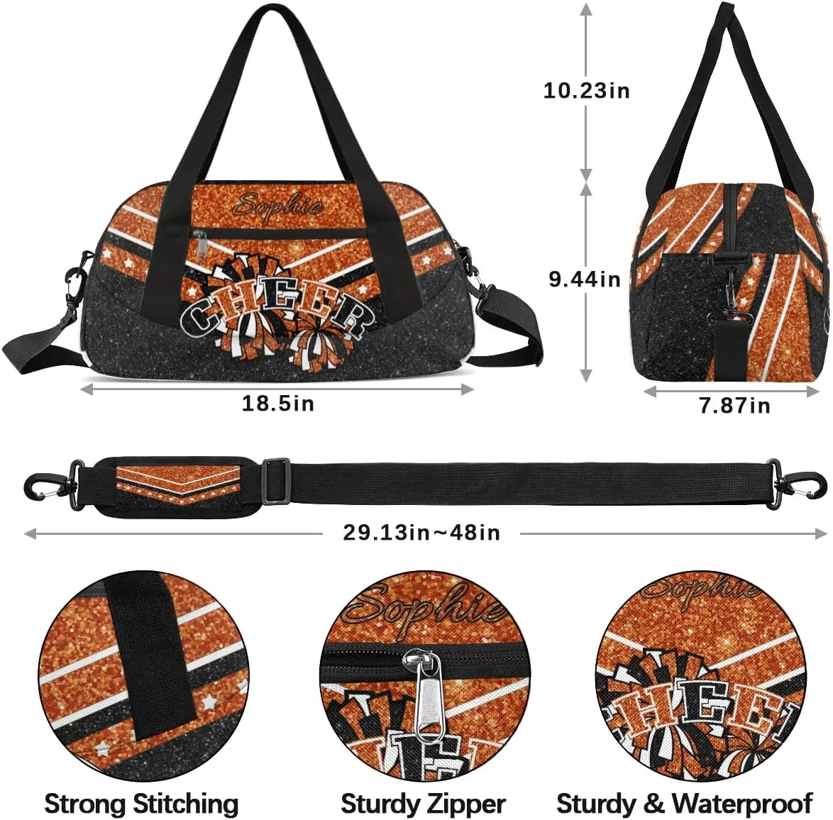 Personalized Cheer Bag for Girls, Custom Name Cheerleader Bag, SportS Gym Duffle for Women Dark Orange