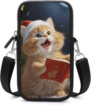 Personalized Mobile Phone Bag,Cute Cat Sing Christmas Carols Print Unique Mobile Phone Bag,cute Mobile Phone Bag