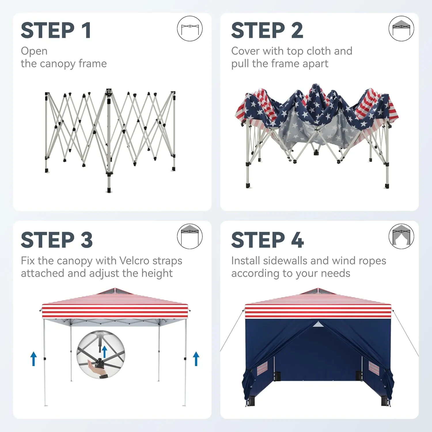 PHI VILLA 10'x10' Pop Up Canopy Tent with Sidewalls - Easy Up Tent with Mesh Windows for Ventilation, Waterproof Design - Ideal for Parties, Beach, and Outdoor Events (American Flag)