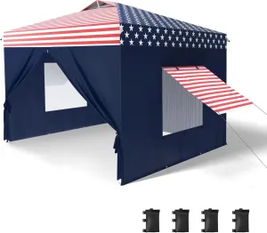 PHI VILLA 10'x10' Pop Up Canopy Tent with Sidewalls - Easy Up Tent with Mesh Windows for Ventilation, Waterproof Design - Ideal for Parties, Beach, and Outdoor Events (American Flag)