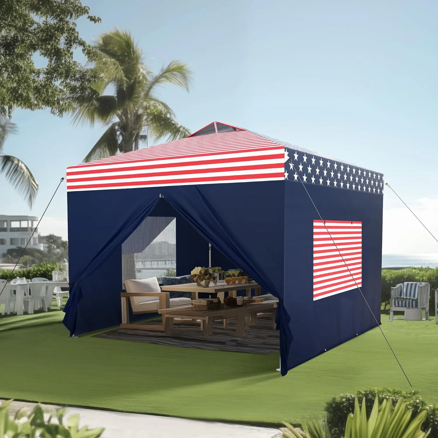 PHI VILLA 10'x10' Pop Up Canopy Tent with Sidewalls - Easy Up Tent with Mesh Windows for Ventilation, Waterproof Design - Ideal for Parties, Beach, and Outdoor Events (American Flag)